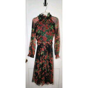 Vintage RONA New York - Chiffon Maxi Dress Black Red Floral Union Label Size S